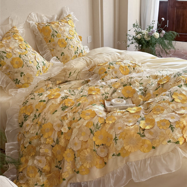 3D Floral Lace Appliqué Ruffled Duvet Cover Set