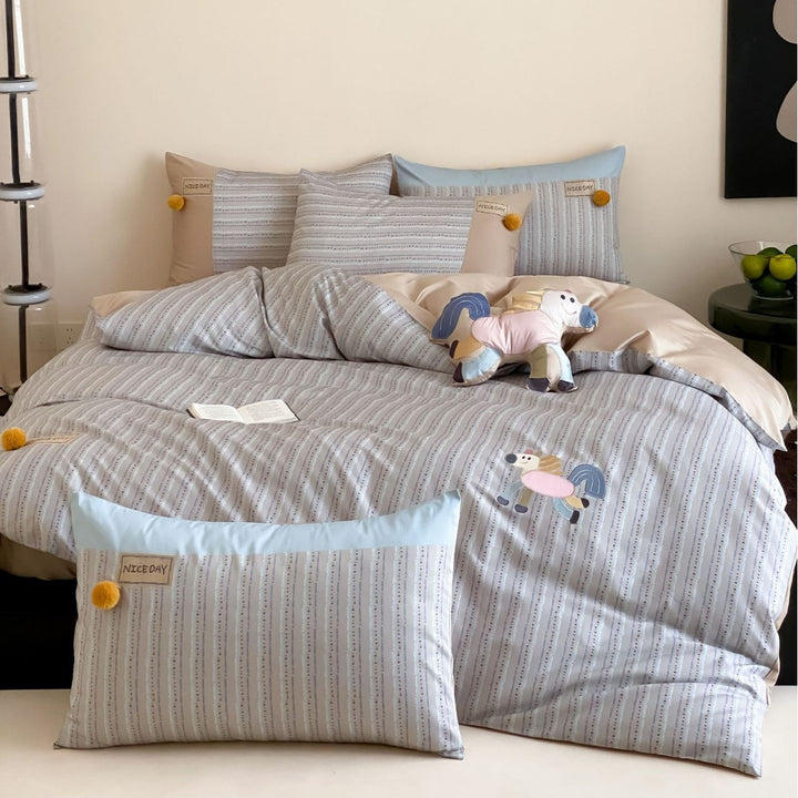 Striped Cotton Duvet Cover Set with Embroidered Car Appliqué & Pom-Pom Pillow Shams
