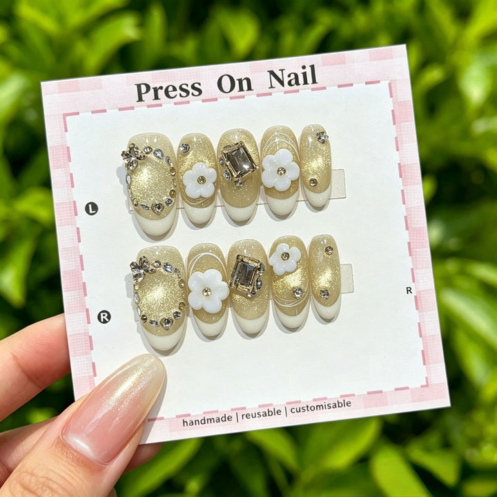 Decorative Press-On Nail Set with Gem Accents  1791774365