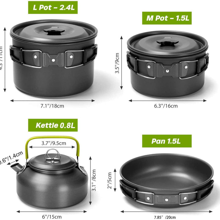 compact nesting anodized aluminum camping cookware kit with kettle nonstick pots frying pan foldable wash basin stainless steel plates cups Stornfield