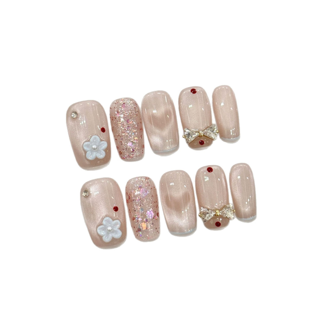 Decorative Press-On Nail Art Set with Glitter and Bow Accents