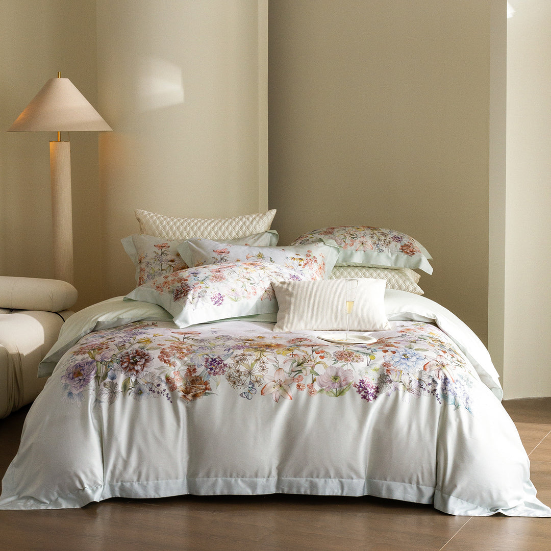 Floral Embroidered Cotton Sateen Duvet Cover Set with Reversible Pillowcases