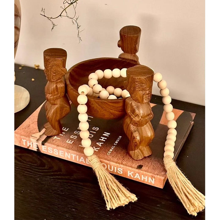 Wooden Decorative Bowl with Sculpted Figures