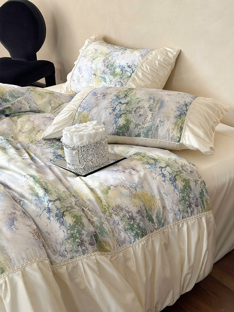 Luxurious satin bedding set with ruffles and watercolor floral pattern