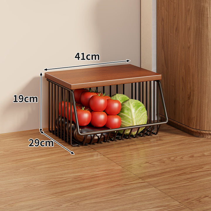 Compact Triple-Tier Rolling Wire Vegetable and Fruit Storage Cart with Wooden Top