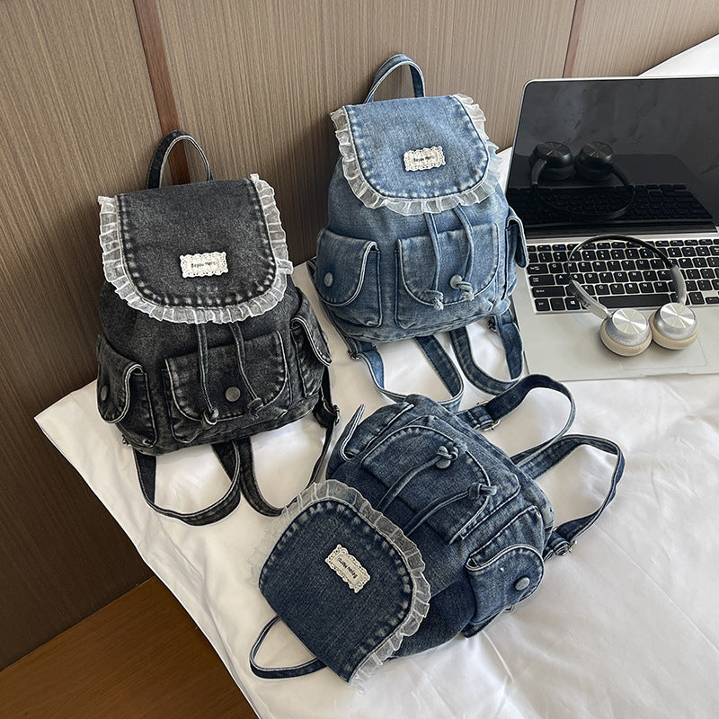 Vintage-Inspired Ruffled Denim Backpack