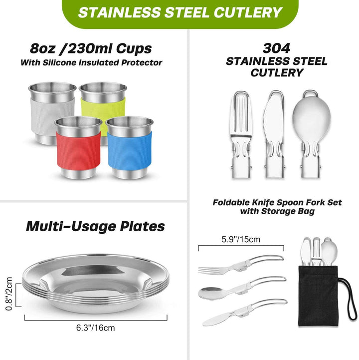 compact nesting anodized aluminum camping cookware kit with kettle nonstick pots frying pan foldable wash basin stainless steel plates cups Stornfield