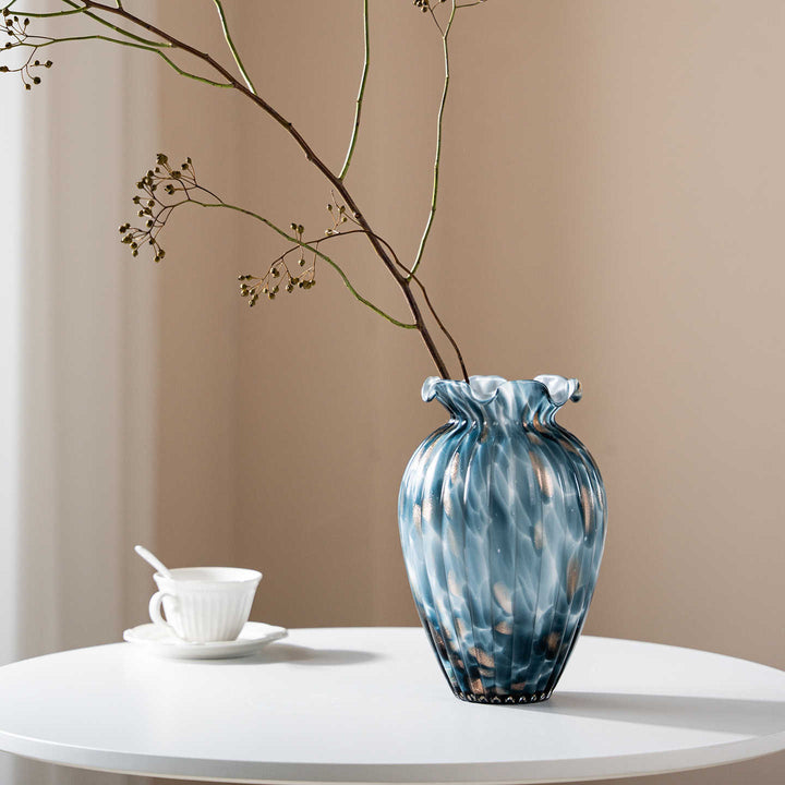 Handblown Sculptural Rippled Bulb Vase with Ruffled Neck Stornfield