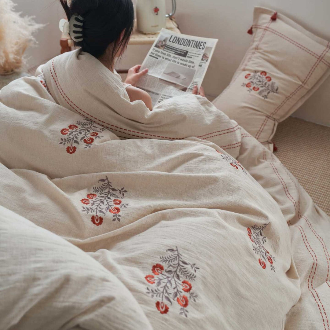 Embroidered Floral Cotton-Linen Duvet Cover Set with Tassel Corners and Decorative Pillow Shams
