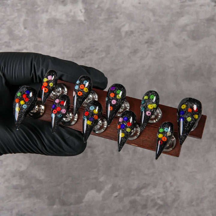 Artistic Press-On Nail Set with Colorful Sequin Design