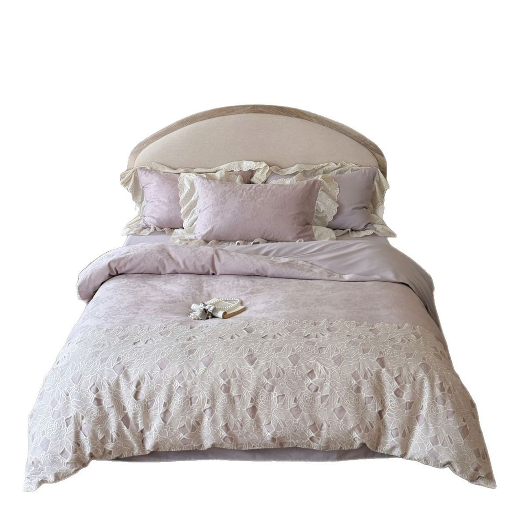 Cutwork Floral Embroidered Cotton Duvet Cover Set with Eyelet Ruffle Shams