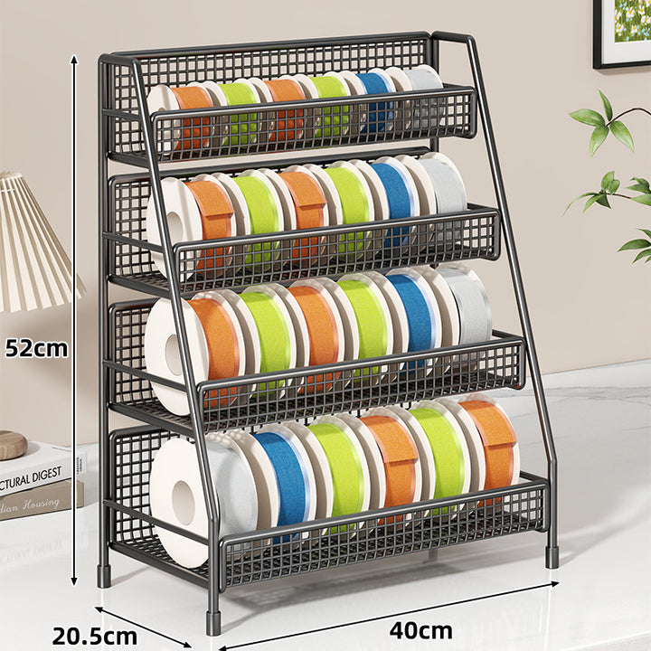 Angled Multi-Tier Spool and Tape Storage Rack with Wire Mesh Baskets