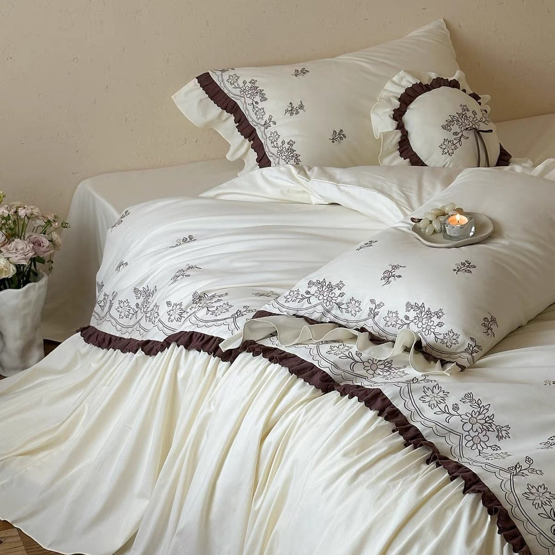 Embroidered Floral Sateen Duvet Cover with Ruffled Bed Skirt and Decorative Shams