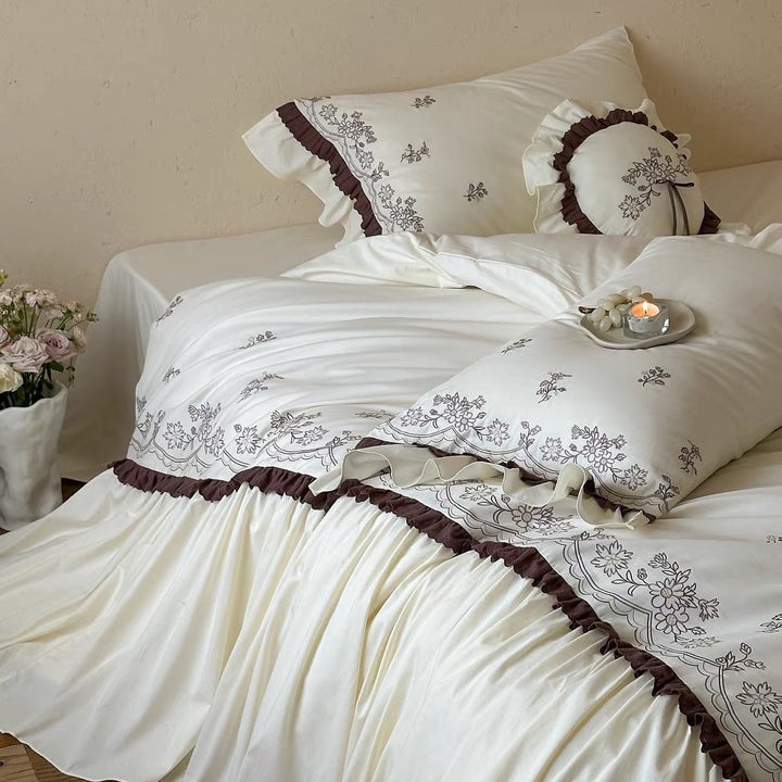 Embroidered Floral Sateen Duvet Cover with Ruffled Bed Skirt and Decorative Shams