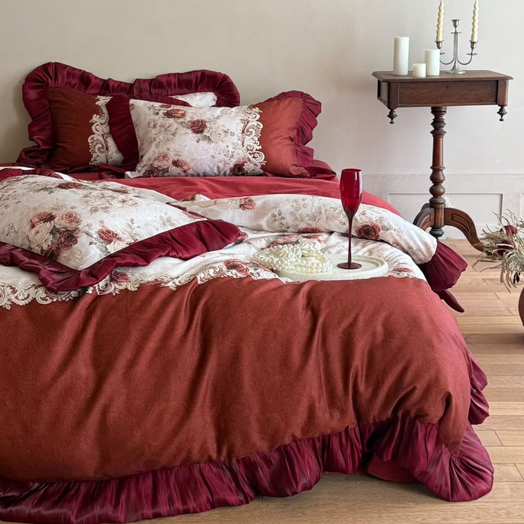 Vintage Rose Print Ruffled Bed Linen Duvet Cover and Sham Set