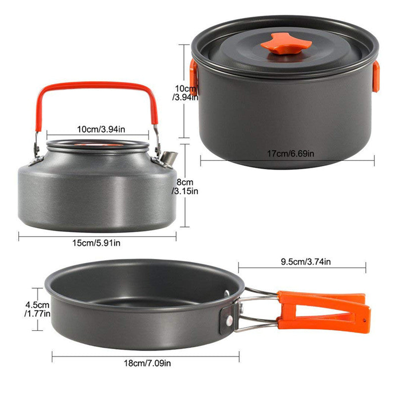 lightweight non-stick nesting camping cookware set with folding handles compact kettle pot pan and folding cutlery Stornfield