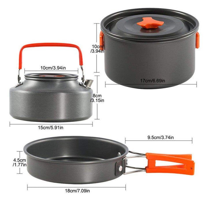 lightweight non-stick nesting camping cookware set with folding handles compact kettle pot pan and folding cutlery Stornfield
