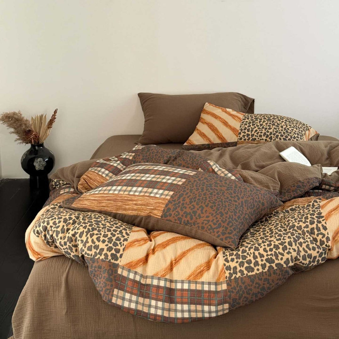 Patchwork Animal-Print Cotton Sateen Duvet Cover Set with Plaid Accents and Reversible Solid Back