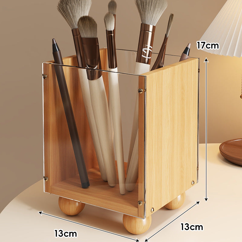 Wood and Smoked Acrylic Makeup Brush Holder Organizer with Rounded Ball Feet