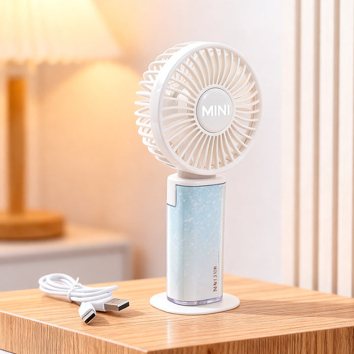 Ladies USB rechargeable mini handheld fan with adjustable tilt head and removable stand Stornfield