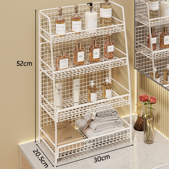 Angled Desktop Mesh Vanity and Countertop Organizer with Three Wire-Tier Baskets and Grid Back