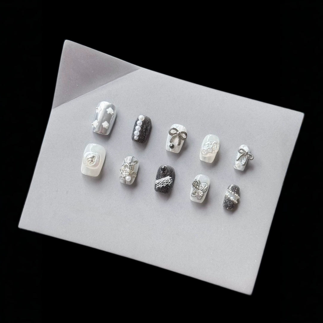 Decorative Press-On Nail Art Set with Rhinestone and Bow Accents