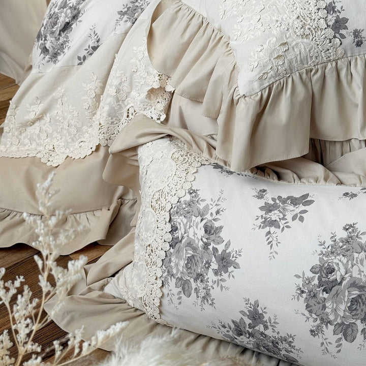 Vintage Floral Lace-Trim Ruffled Duvet Cover Set