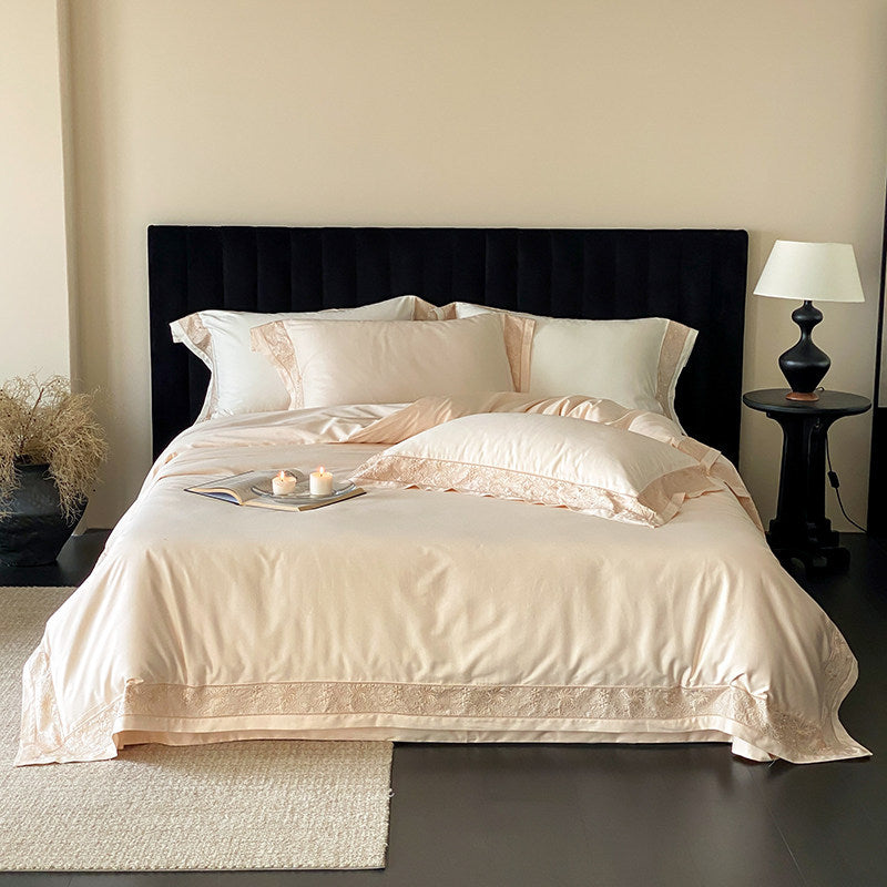 Luxury Cotton-Sateen Duvet Cover Set with Lace-Trim Hem & Decorative Pillow Shams