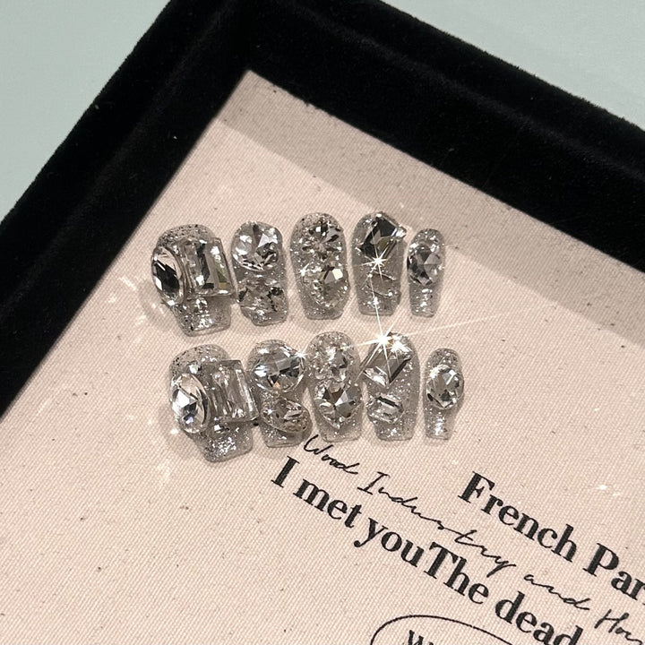 Luxurious Crystal-Accentuated Press-On Nail Art