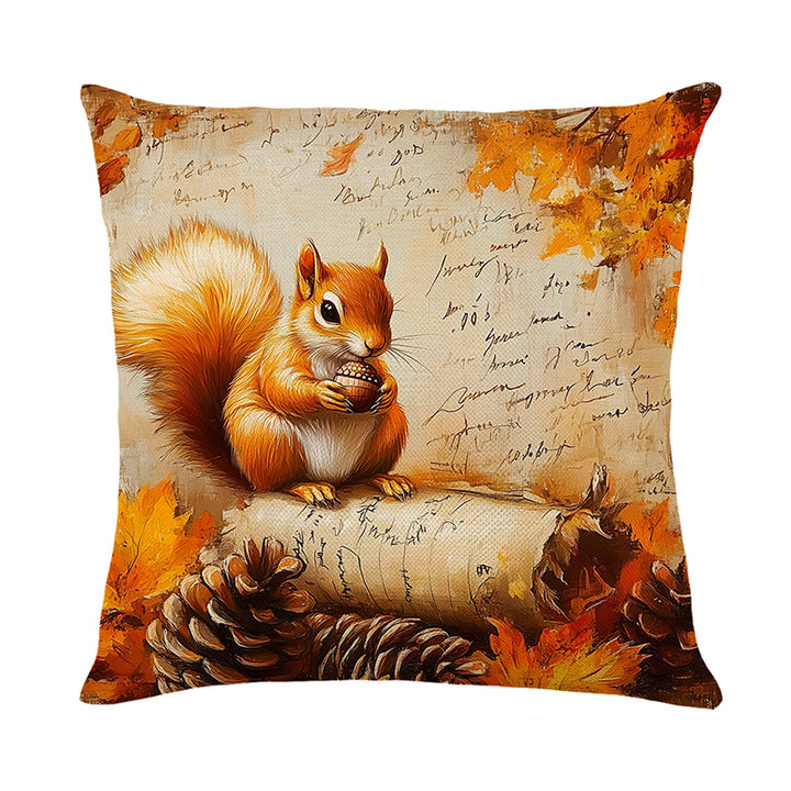 Autumn Harvest Sunflower & Pumpkin Linen-Texture Square Throw Pillow Cover with Hidden Zipper
