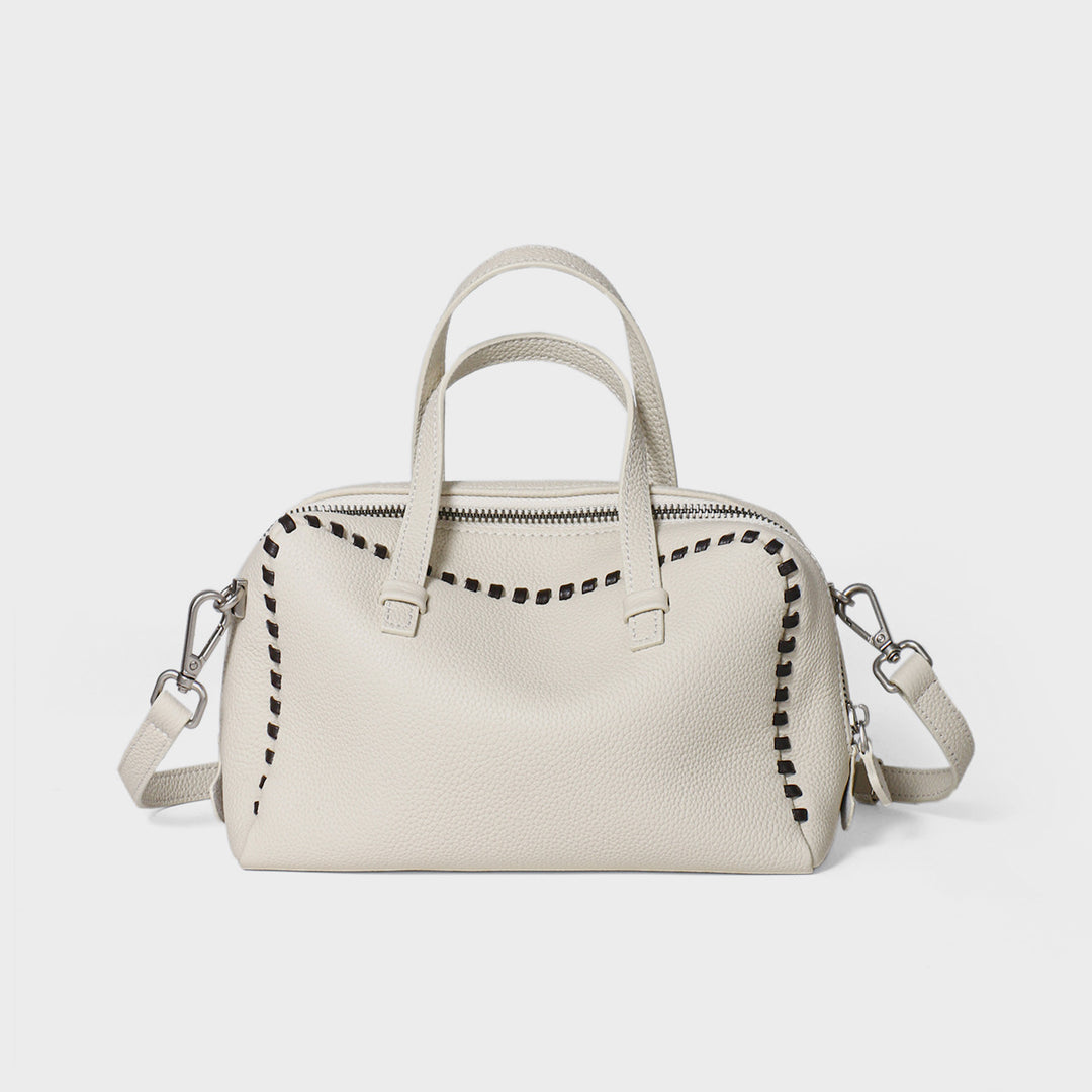 Pebbled Leather Doctor-Style Satchel with Whipstitch Trim & Detachable Crossbody Strap