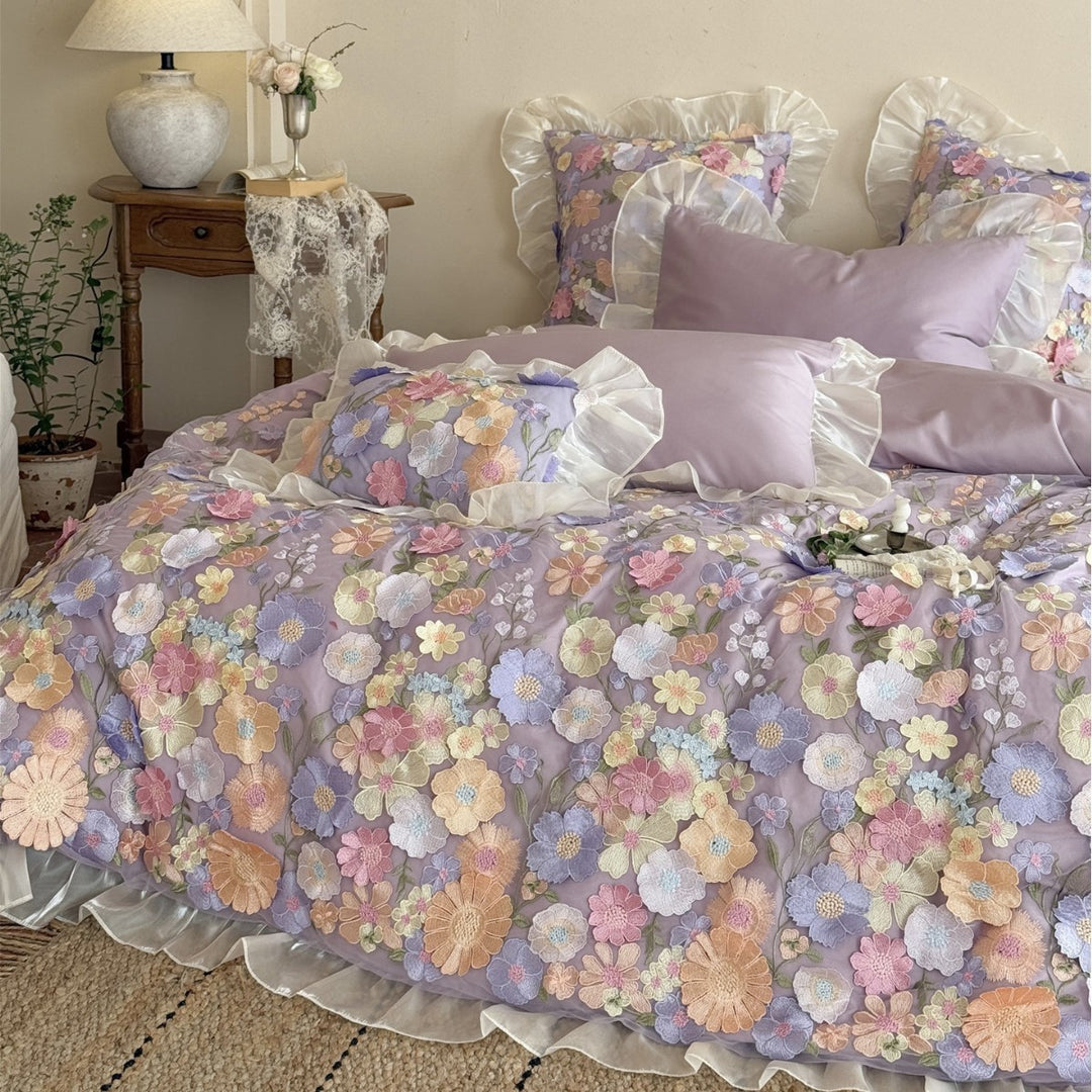 3D Floral Lace Appliqué Ruffled Duvet Cover Set