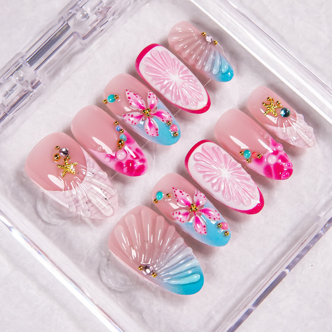 Artistic Press-On Nail Set with Floral Accents