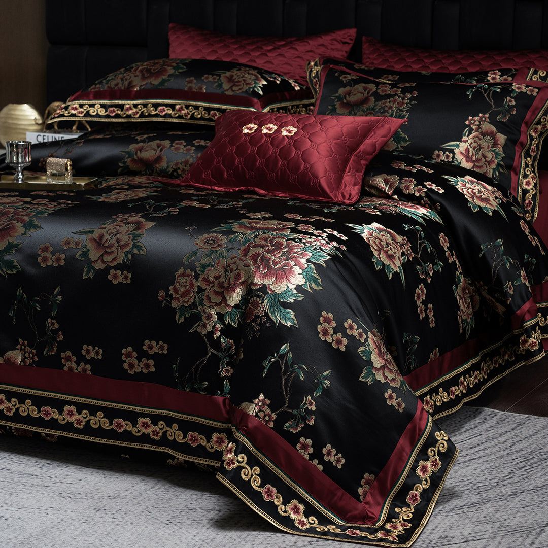 Luxury Satin Floral Jacquard Duvet Cover Set with Quilted Accent Pillow