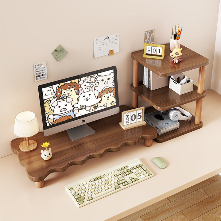Solid Wood Monitor Riser with Tiered Desk Organizer and Cable Management