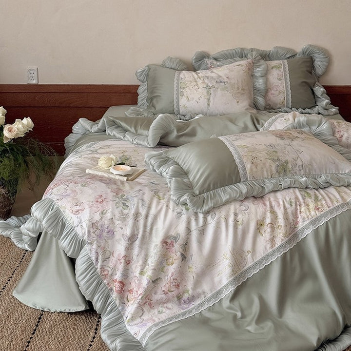 Luxury bed set with pleated ruffle, lace trim and floral watercolor print
