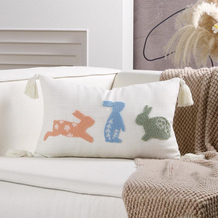 Embroidered Bunny Appliqué Tassel Lumbar Pillow Cover