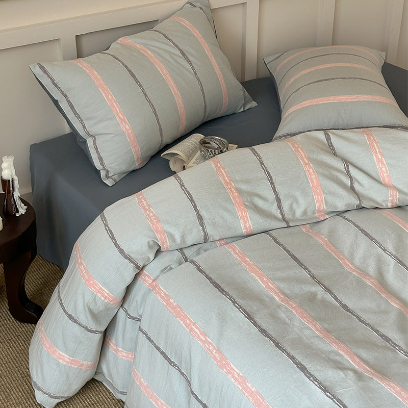 Luxurious cotton satin bedding set with hand-painted vertical stripes and zipper