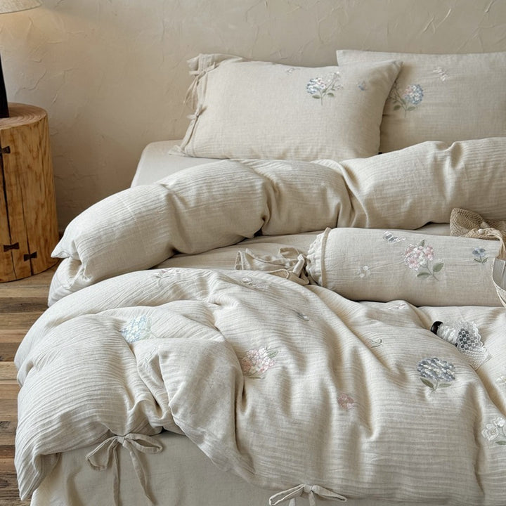 Hand-Stitched Floral Cotton Gauze Duvet Cover and Tie-Sham Set