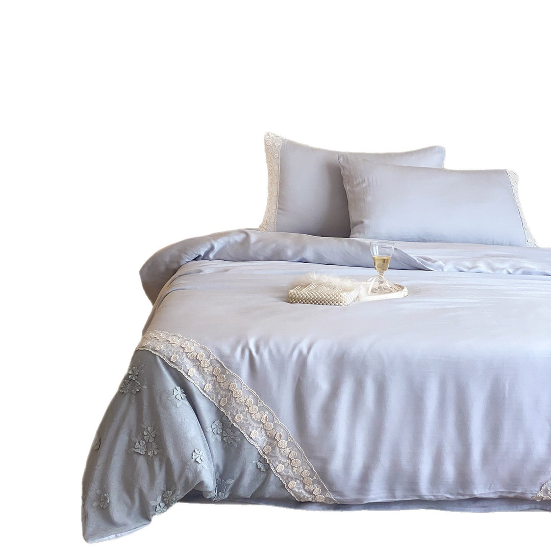 Embroidered Luxury Cotton Duvet Cover Set with Lace Trim