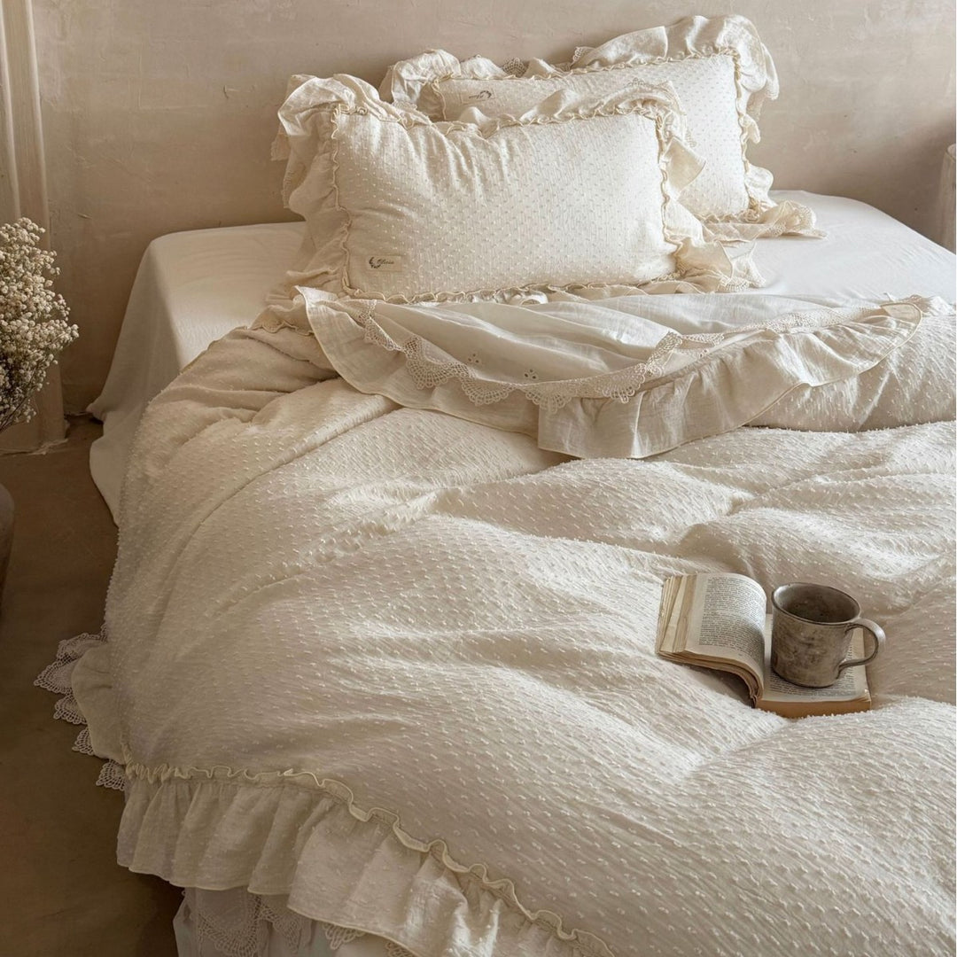 Ruffled Lace-Trim Cotton Duvet Cover Set with Decorative Pillow Shams