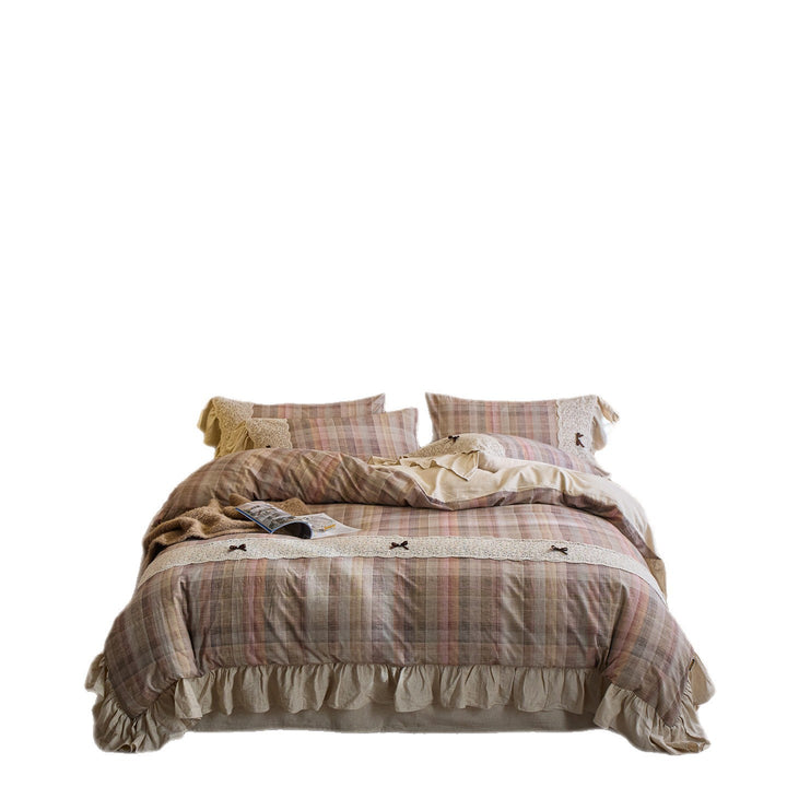 Plaid Ruffled Lace Trim Duvet Cover and Pillowcase Set
