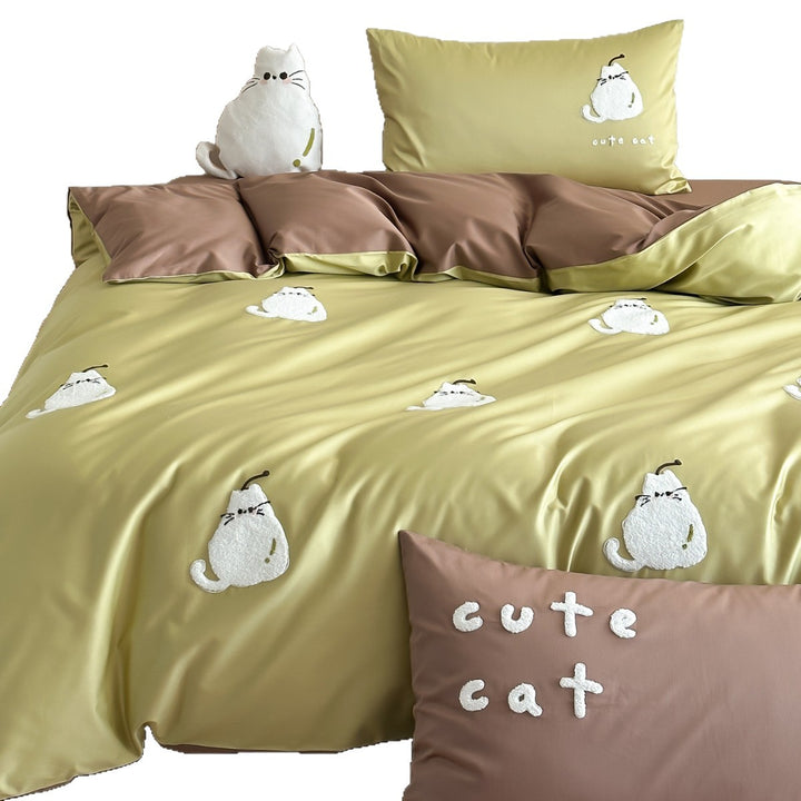Embroidered Cute Cat Reversible Satin Duvet Cover Set with Pillowcases