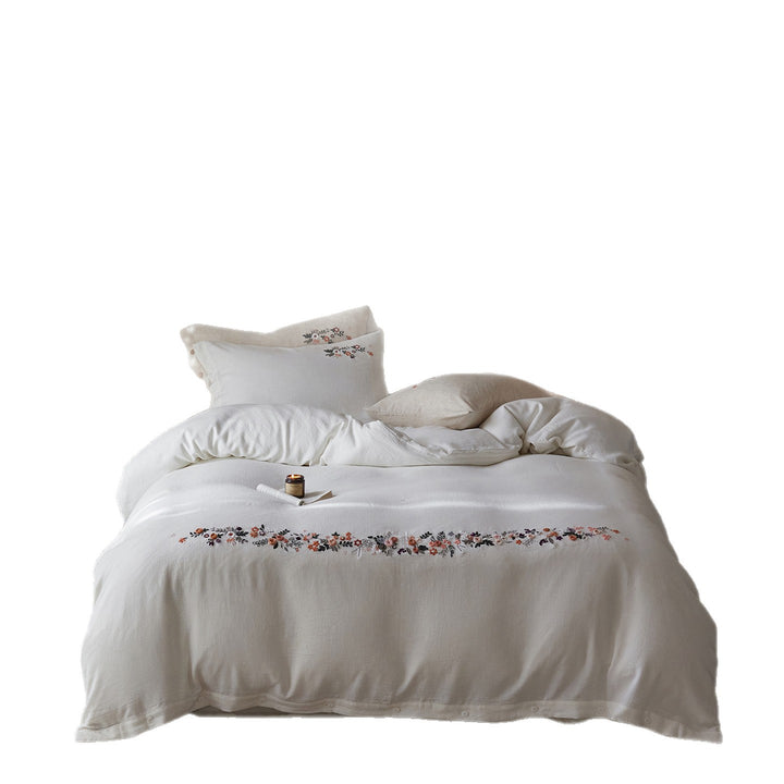 Embroidered Linen Duvet Cover Set with Button-Closure Pillow Shams