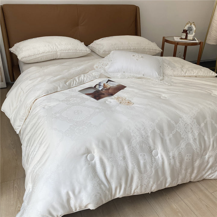 Luxury Jacquard Satin Duvet Cover Ensemble with Tufted Comforter Insert and Lace-Trim Pillow Shams