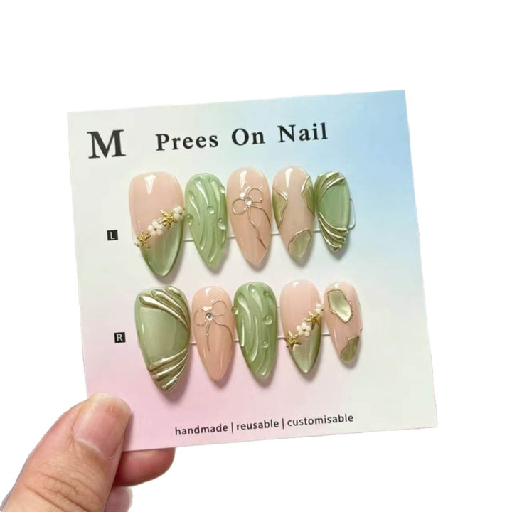 Handmade Press-On Nail Art Set with Botanical Design