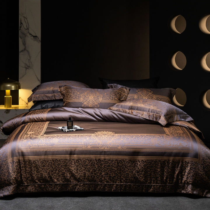 Luxurious satin bedding set with jacquard lace pattern and decorative pillow