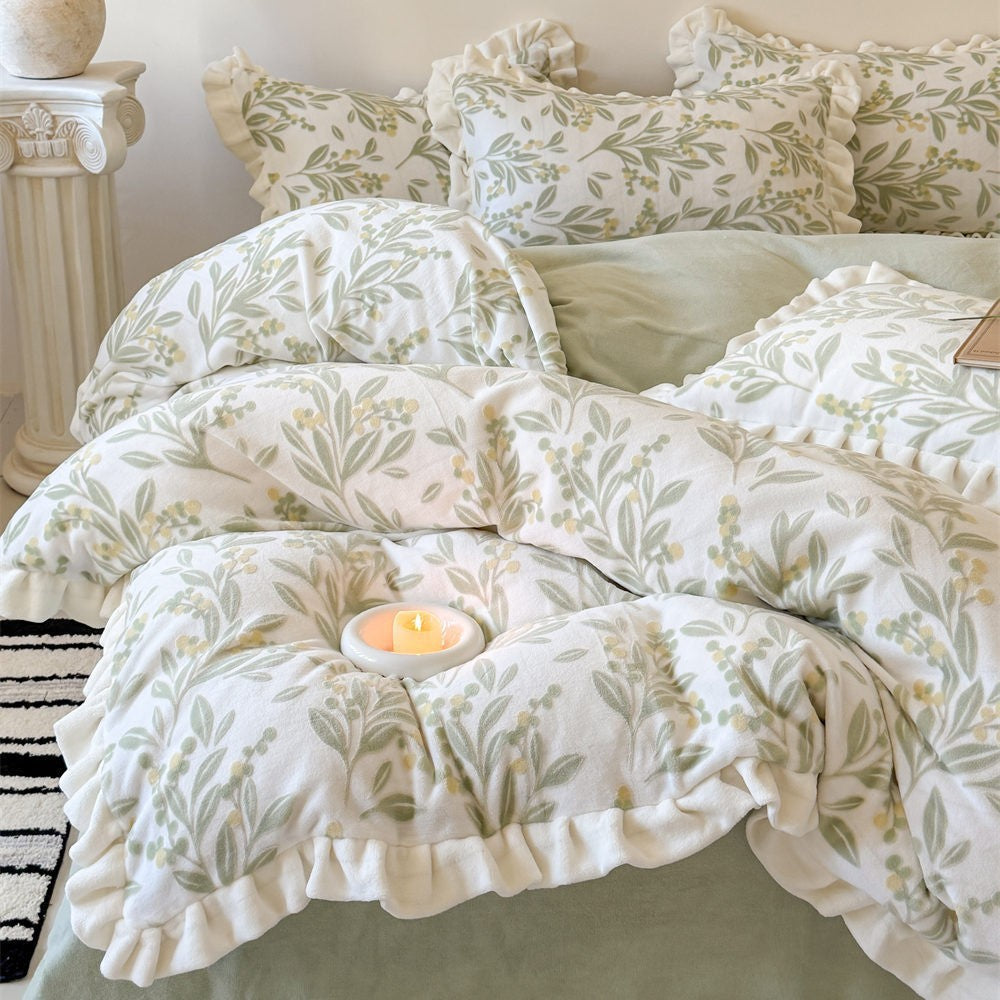 Ruffled Cotton Flannel Duvet Cover and Sham Bedding Set