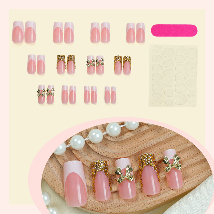Decorative Press-On Nail Art Set with Elegant Bow and Gem Accents Stornfield