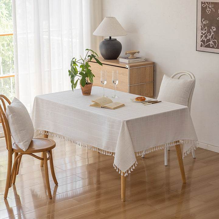 Rectangular Textured Cotton-Linen Tablecloth with Knotted Tassel Fringe and Matching Accent Pillow Covers